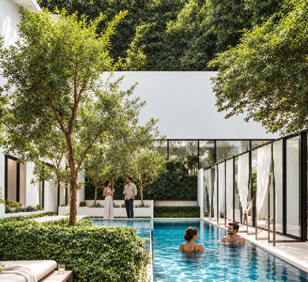 Courtyard pool framed by trees, a glass pavilion with white curtains and friends in the water