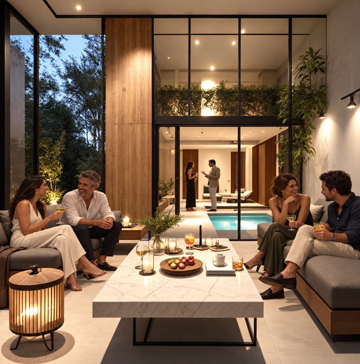 Evening terrace with a marble table, friends on low sofas and an indoor pool behind the glass