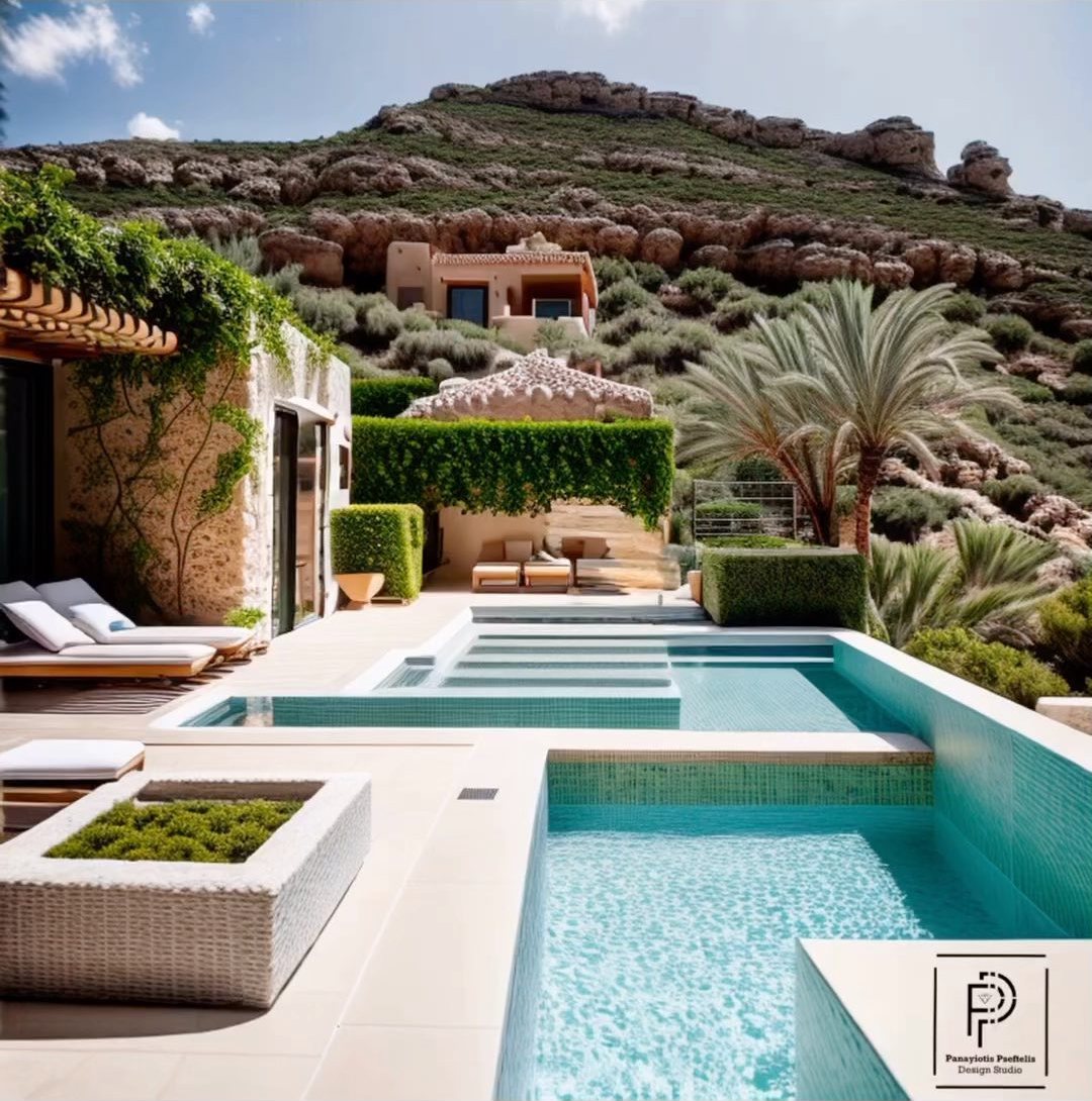 Concept of a hillside villa with stepped pools, planters, a stone house and a hedged lounge